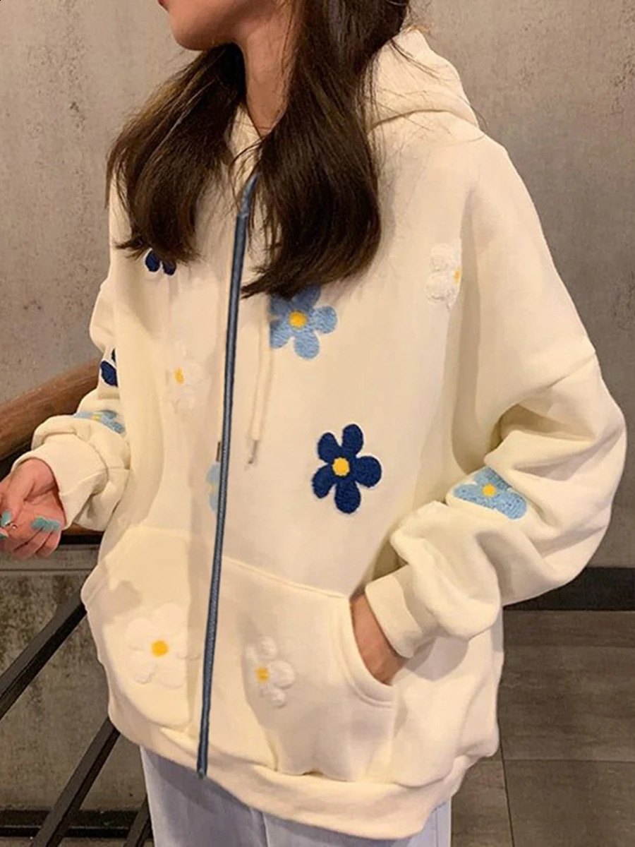 Women s Floral Embroidery Hoodie Long Sleeve Hood Sweatshirt with Front Pocket 240812