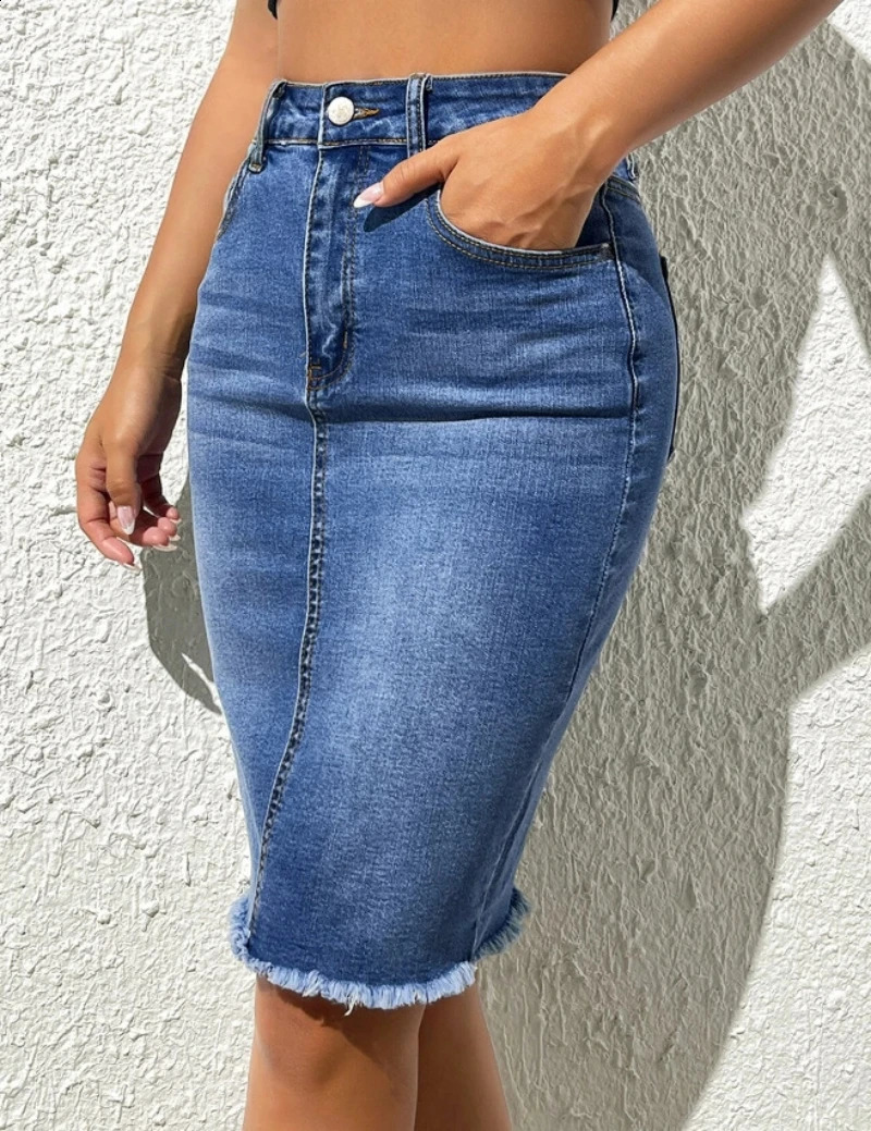 2024 Summer High Elastic Raw Edge Slim Denim Skirt for Women Fashion Skinny Jeans Hip Cover Skirt Casual Ladies Clothing 240812
