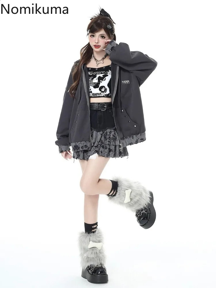Harajuku Hole Zip Up Hoodies Women Clothing Fashion Japanese Y2k Jackets Ropa Mujer Hooded Casual Oversized Sweatshirts 240812