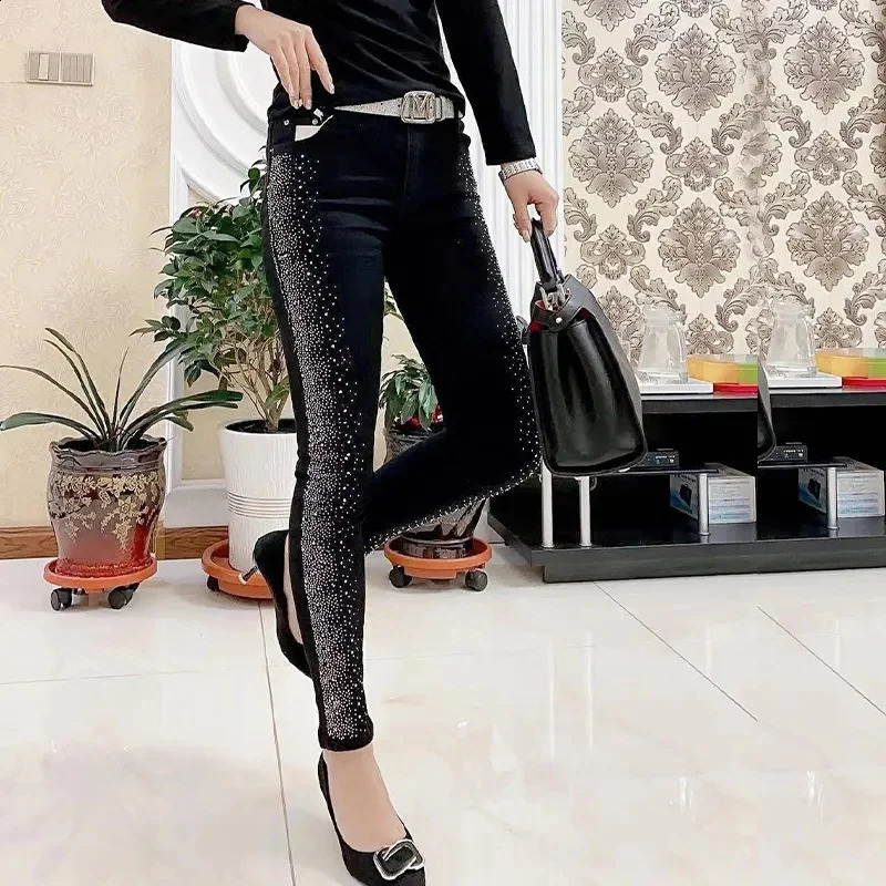 Fashion Rhinestone Jeans Female Spring And Summer Korean Version Of High Waist Slim Elastic Feet Pants Pencil Pants 240813
