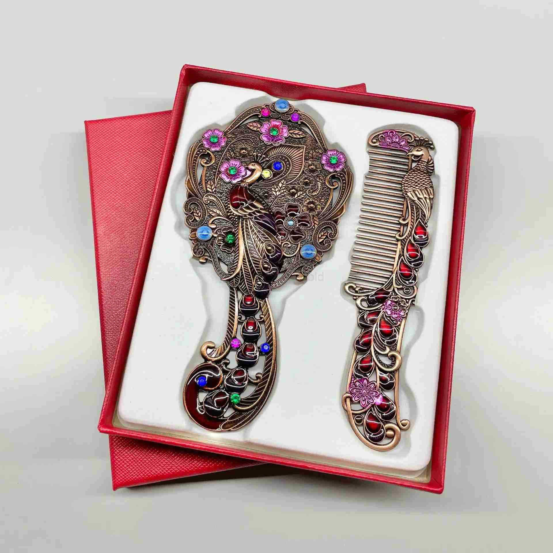 Antique bronze embossed oval peacock makeup mirror handheld comb set Russian style portable brightly colored durable W240813