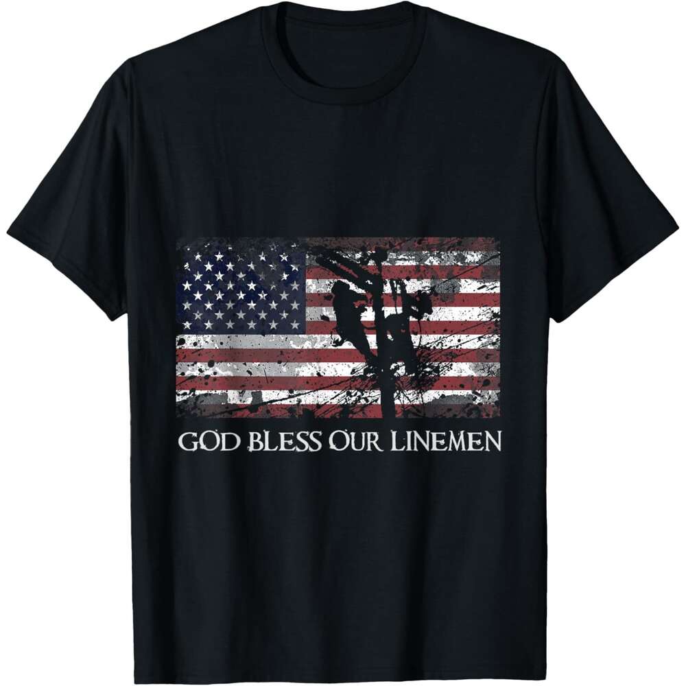 T shirt for Mens God Bless Our Linemen Cool American Lineman Flag T-Shirt Shirts Tshirt Graphic Tee Casual Tops Clothes Short sleeve