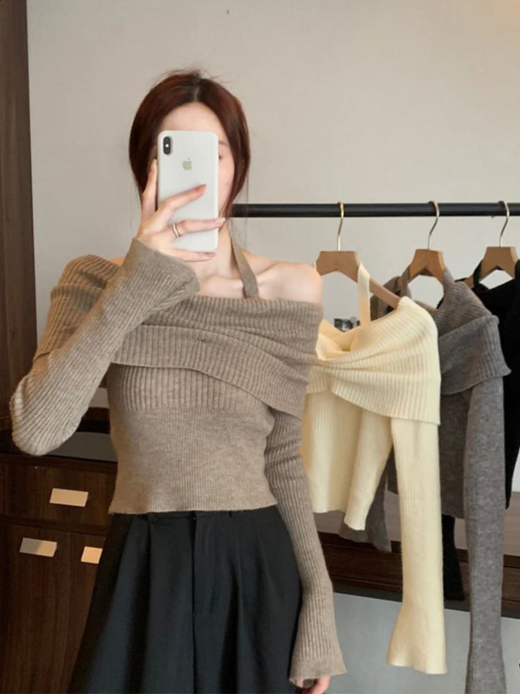 Womens Grey Vintage Pullover Knit Sweater Y2k Aesthetic Harajuku Elegant Long Sleeves Slash Neck Sweaters Fashion 2000s Clothes 240812