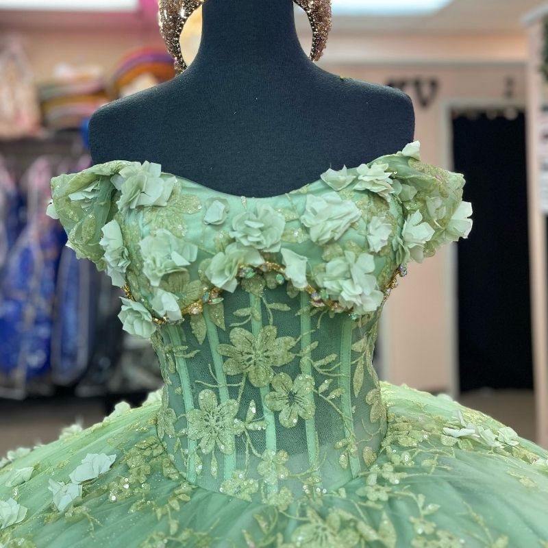 Sage Green Shiny Princess Quinceanera Dresses Ball Gown 2024 3D wer Applique Lace Tull Sweet 16 Dress Vestidos De 15 Anos