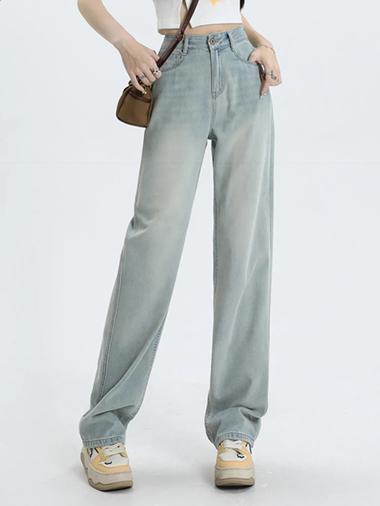 Solid Color Loose Vintage High Waist Slim Straight Women Jeans Summer Classic Full Length Fashion Simple Casual Female Jeans 240813