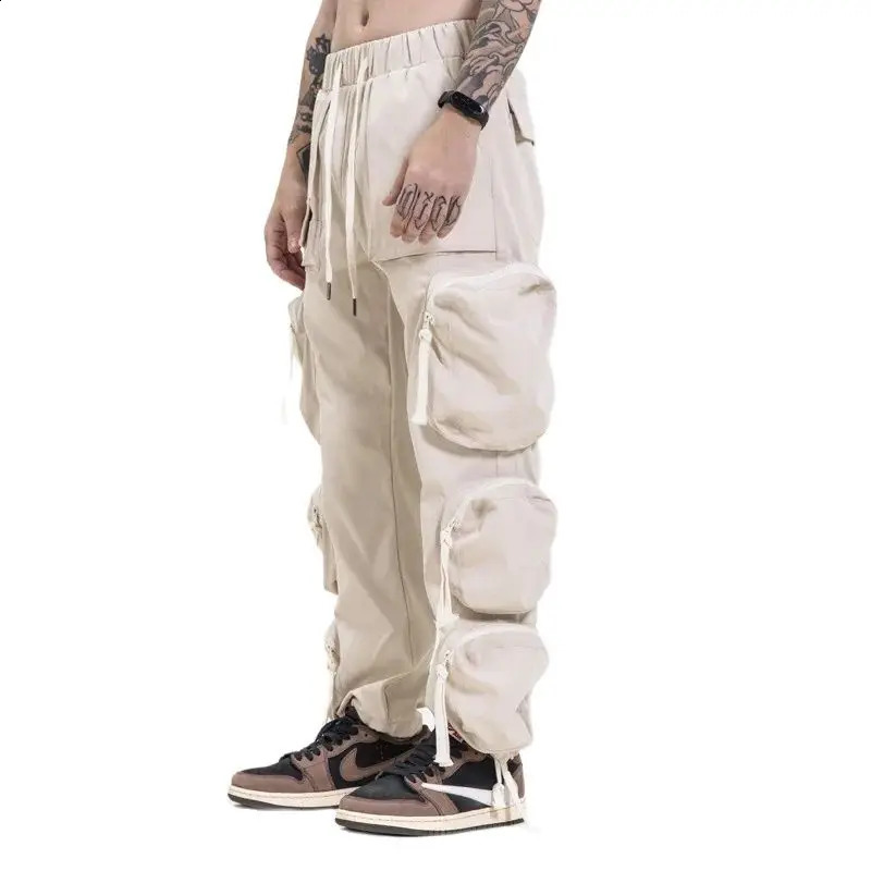 Zipper Multi Pocket Hip Hop Techwear Product Pants Mens High Street Functional Casual Luggage 240812
