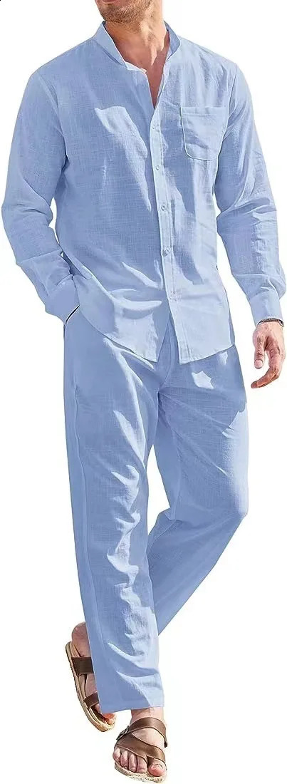 Mens casual linen twopiece set European style retro basic top and solid pants 240812