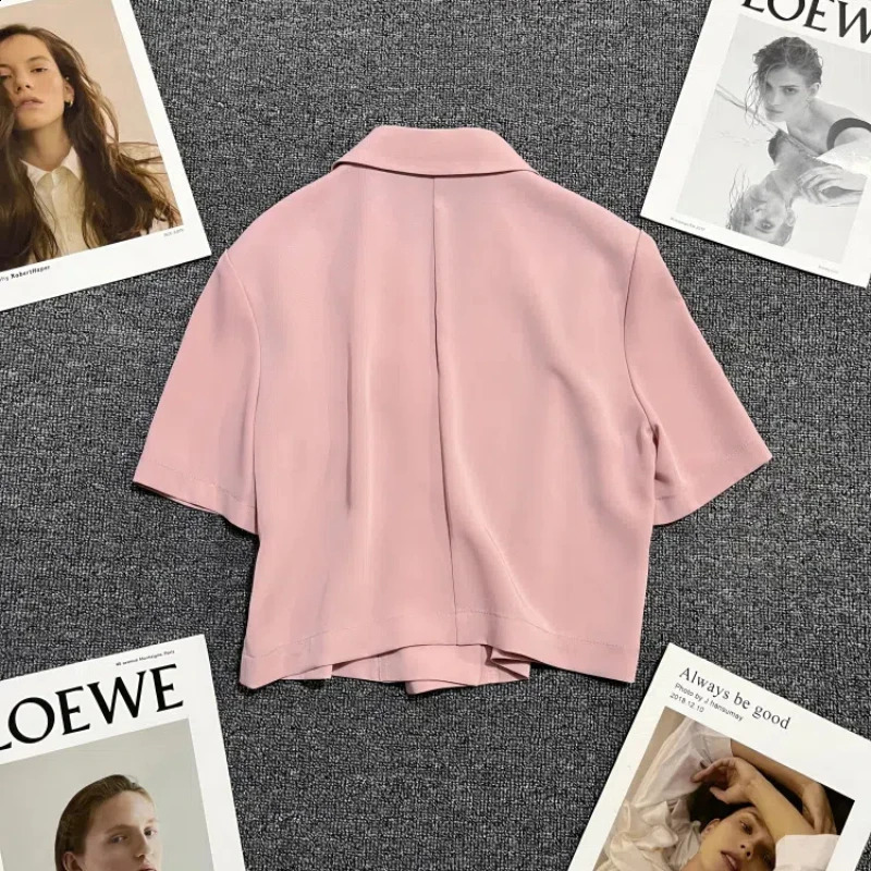 Korean Fashion Versatile Summer Womens Notched Solid Single Button Simplicity Office Lady Loose Short Sleeve Blazers Tops 240812