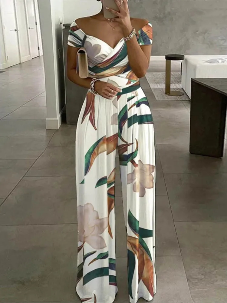 Summer Printed One Shoulder Jumpsuits Women High Waist Short Sleeves Wide Leg Long Pants Slim Jumpsuit Ladies Commuting 240813