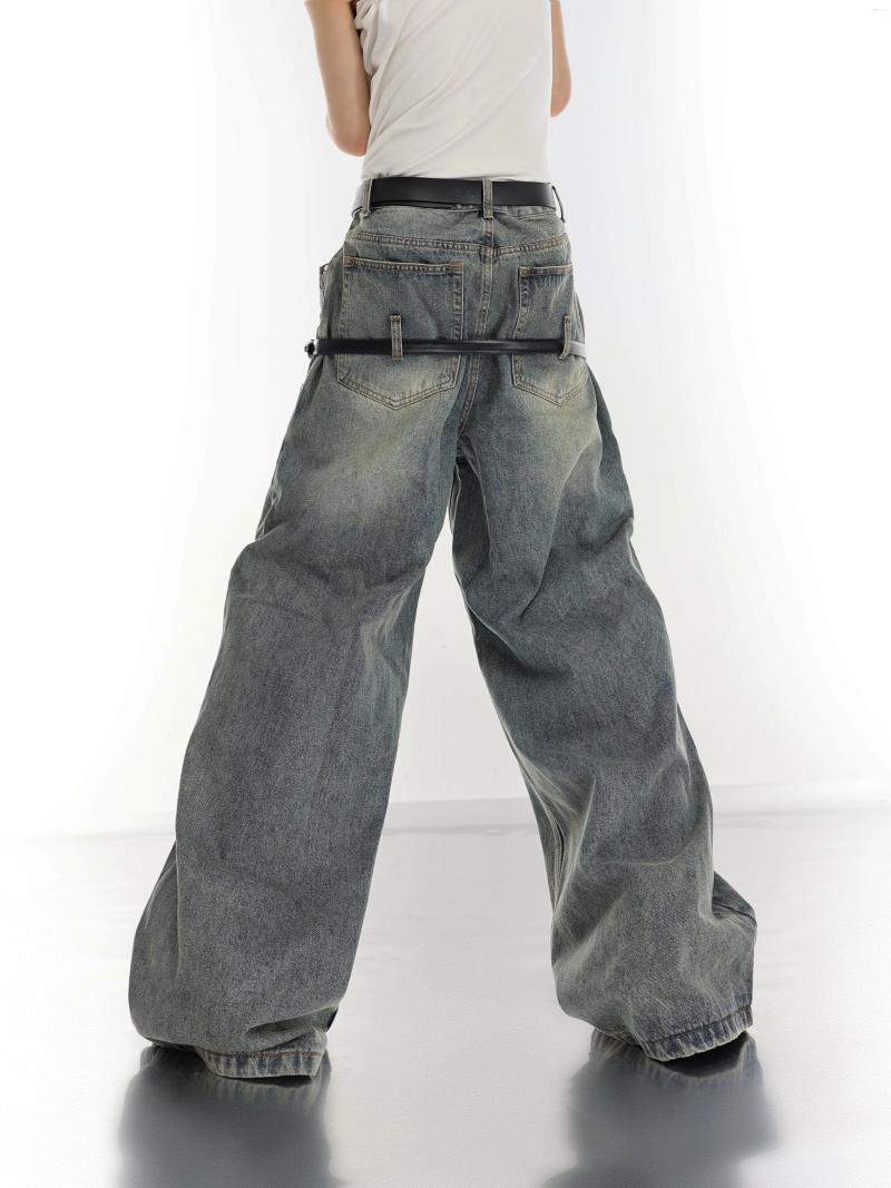 Men's Pants Avant-Garde Style Y2k Niche Vintage Washed Double Belt Jeans Loose Wide Leg Straight High Waist Trousers Bell-Bottom B4