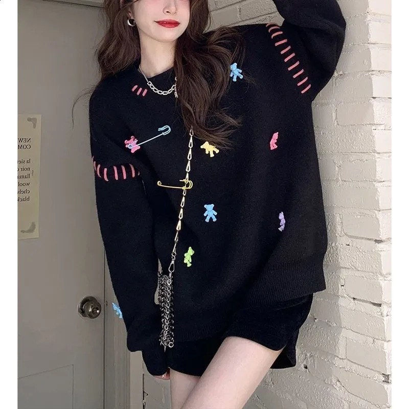 Autumn Winter Womens Versatile Pullovers Crew Neck Little Bear Embroidery Loose Sweaters Fashion Casual Long Sleeve Tops 240812