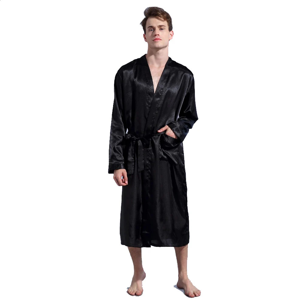 Chinese Mens Wine Red Satin Robe With Belt Kimono Bathrobe Gown Nightgown Sleepwear Home Leisure Pajamas S M L XL XXL D202-10 240812