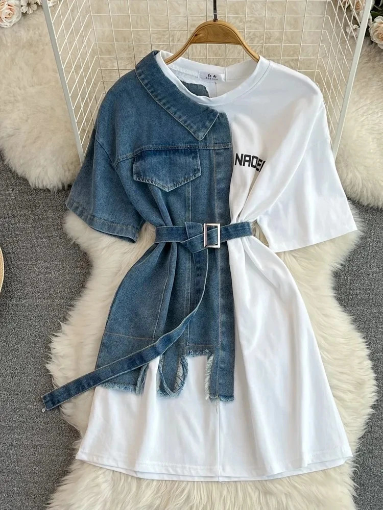 Women Elegant Patchwork Denim Shirts Summer Vintage Casual Slim Blouses Tops with Belted Female Fashion Pullover Clothes 240812