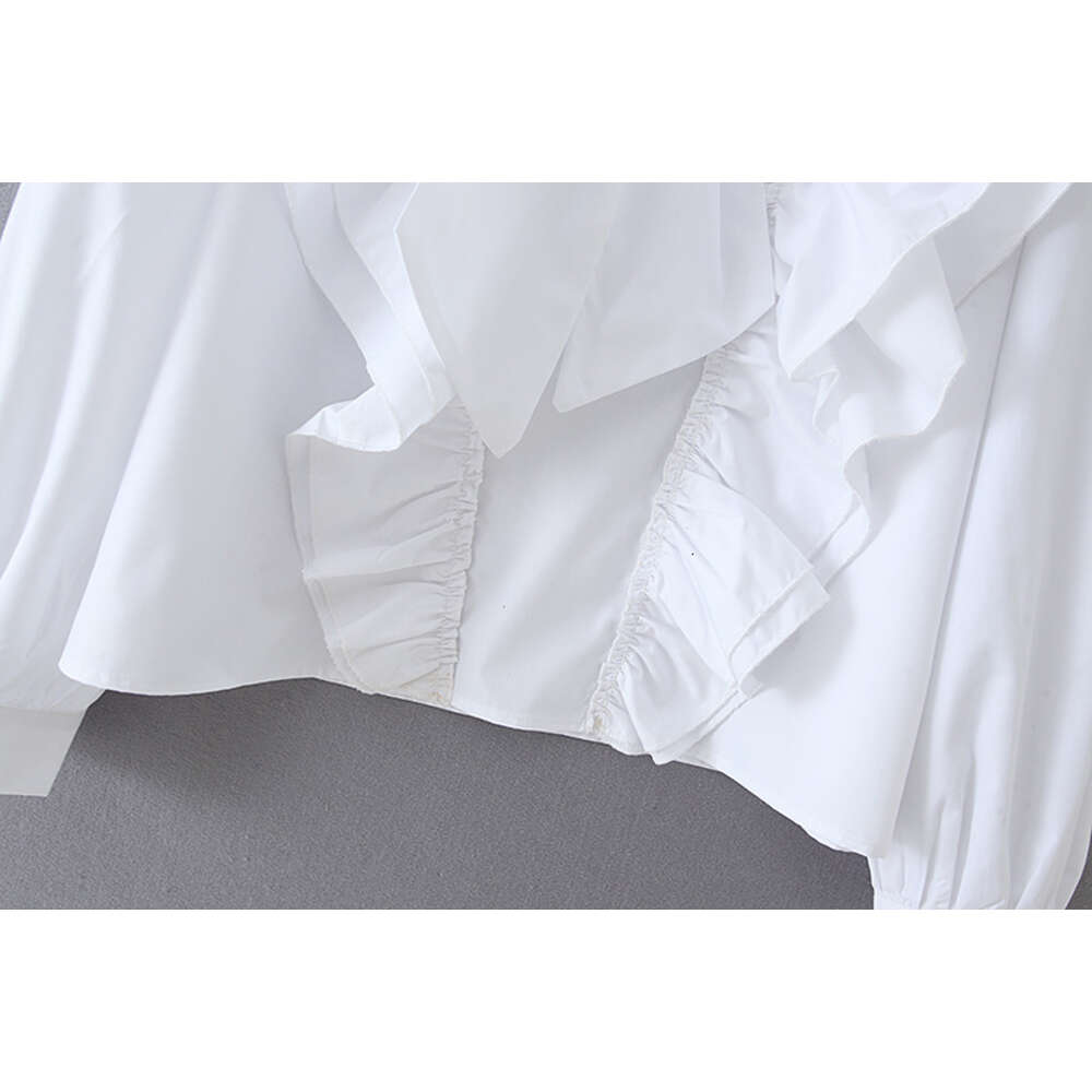 Women Chic Bow Tie Collar White Blouse Ruffles Long Sleeve O