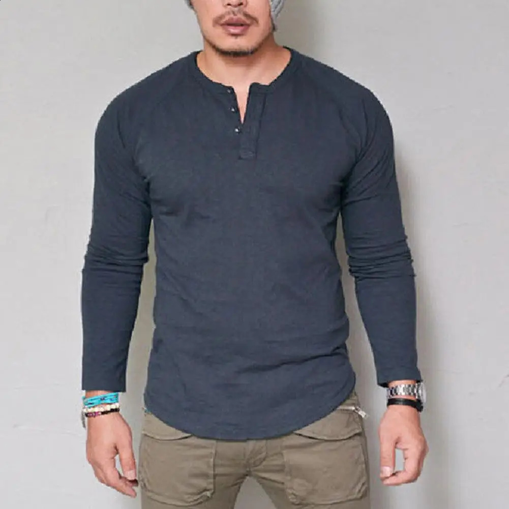 Long Sleeve Cotton Men T-shirt Round Neck Blouse Button Up Long Sleeved T-shirt Fashio Street Basic Casual Slim Fit T-shirt 240812
