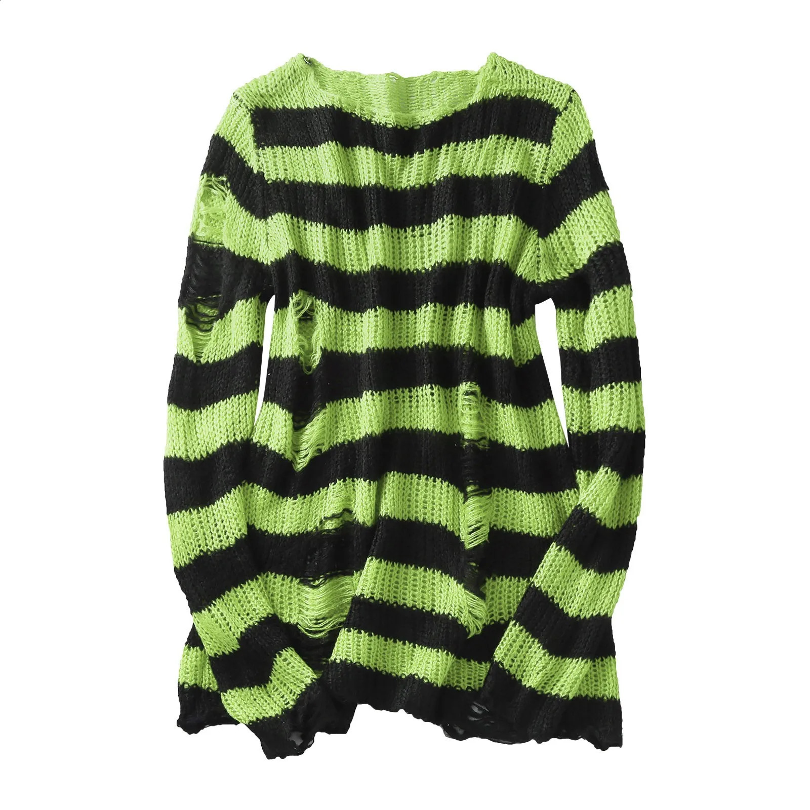Women Ripped Hollow Out Oversized Sweater Streetwear Punk Grunge Striped Pullover Crochet Gothic Lightweight O-Neck Jumper 240812
