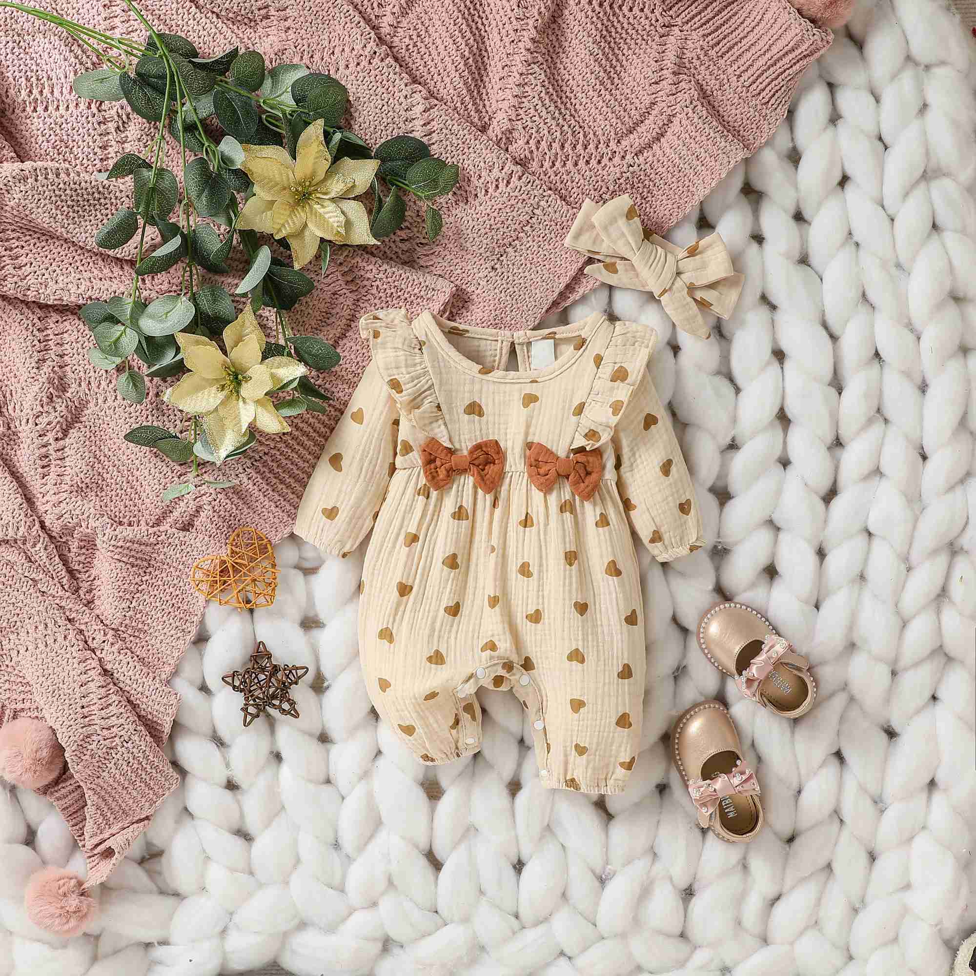 Baby Girls Summer Long Sleeve Printed Love with Bowknot for Casual Daily Cotton Jumpsuit W240812