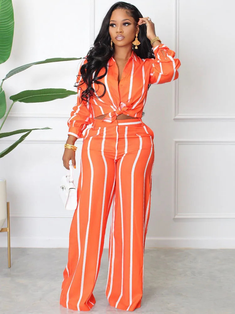 Elegant Fashoin Striped Two Piece Set for Women Long Sleeve Shirt Top and Wide Leg Pants Suits Office Lady Matching Sets Outfits 240813