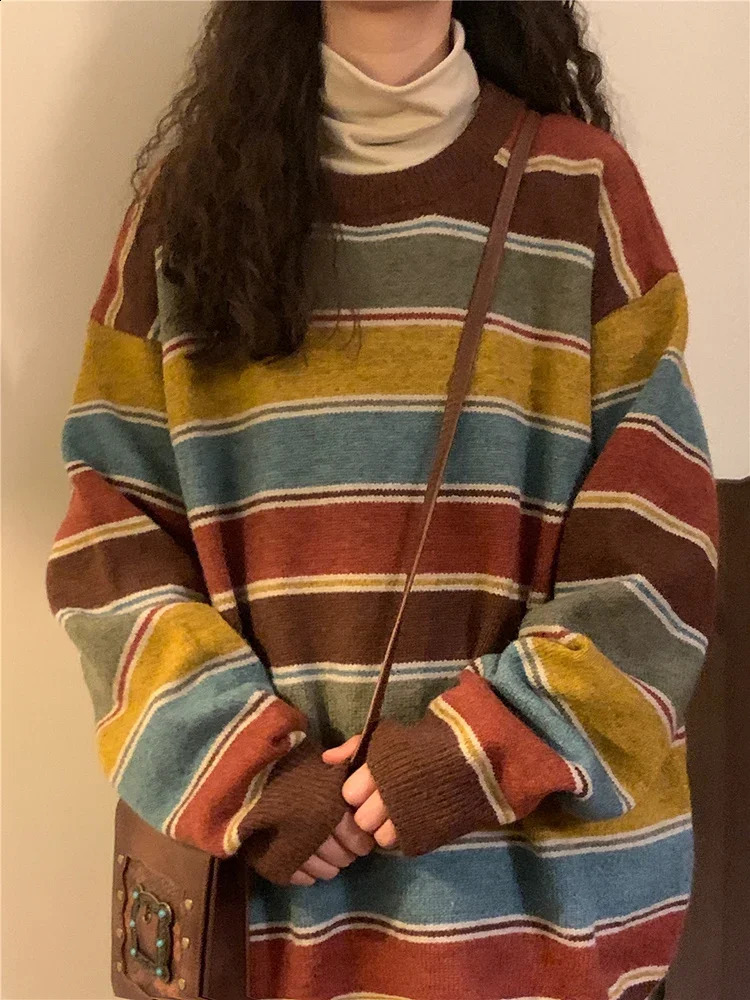 Japan Retro Bf Striped Sweater Harajuke Streetwear Oversize Knitted Pullover Fall Winter Casual Preppy Style Vintage Tops 240812