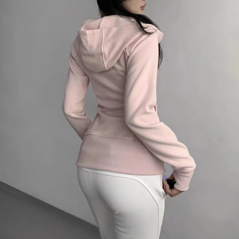 Casual Basic Zip Up Hooded Sweatshirt Y2k Jogger Mujer Solid Long Sleeve Hoodies Women Winter Fashion Slim Fleece Tops 240812