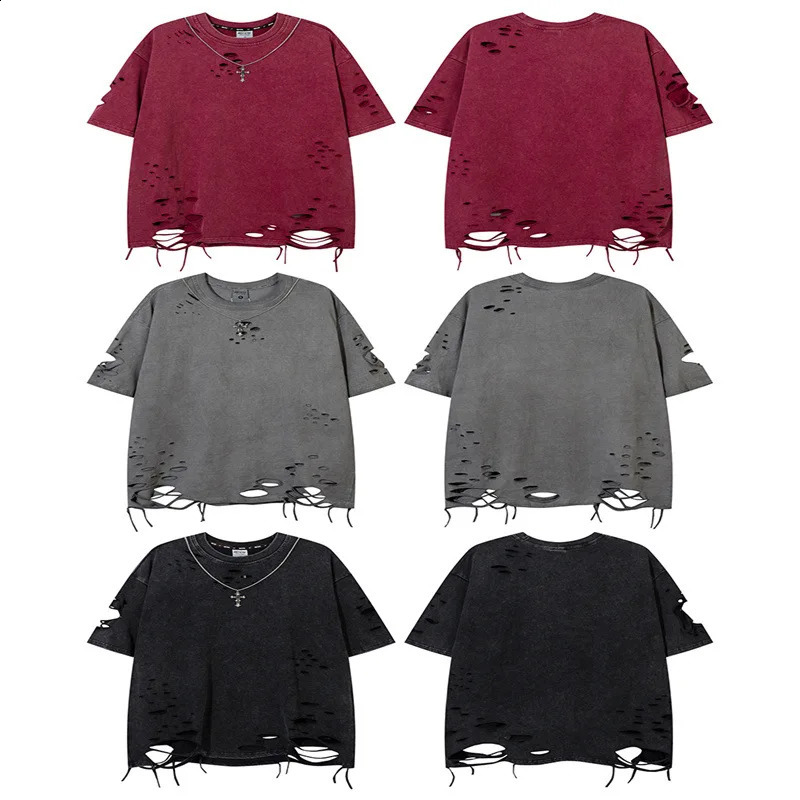 Summer Washed Destroyed Tops and T-shirts Retro Distressed Necklace T-shirt Harajuku Oversized Lazy Ripped T Shirt 240812
