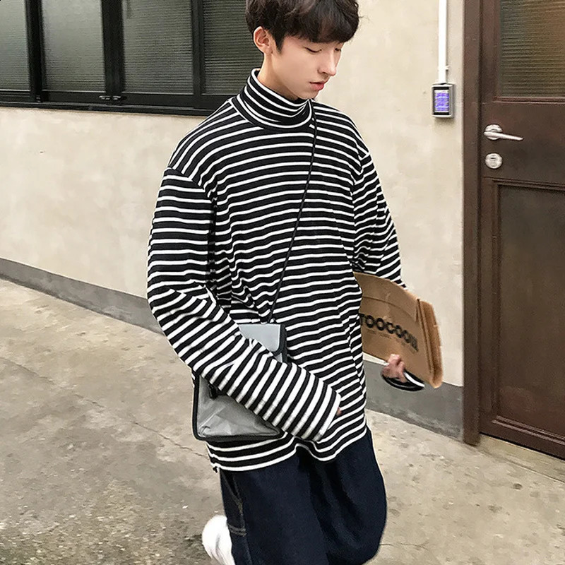 Spring Autumn Turtleneck Striped T-shirts Men Slim Fit Casual All-match Undershirts Long Sleeve Tops Couples Korean Fashion Tees 240812