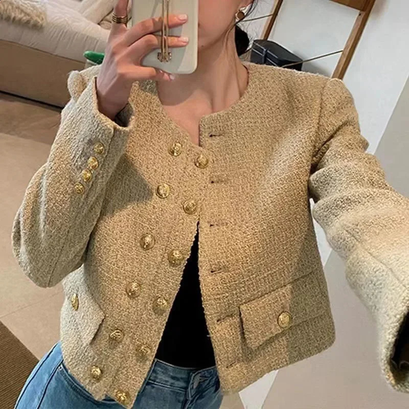 Vintage Womens Tweed Jackets Elegant Chic Double-Breasted with Pocket Jacket Ladies Korean Fashion O-Neck Outwear Short Coat 240812