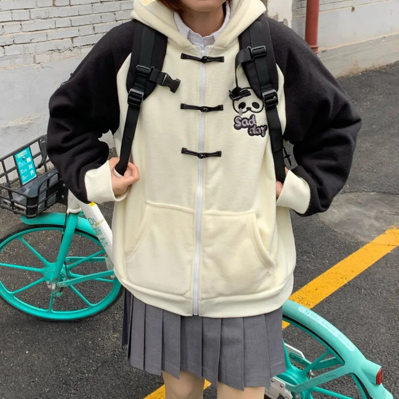 Harajuku Patchwork Chinese Buckle Hoodie Women Kawaii Fashion Zip-Up Streetwear Girls Cartoon Panda Embroidery Cute Sweatshirts 240812