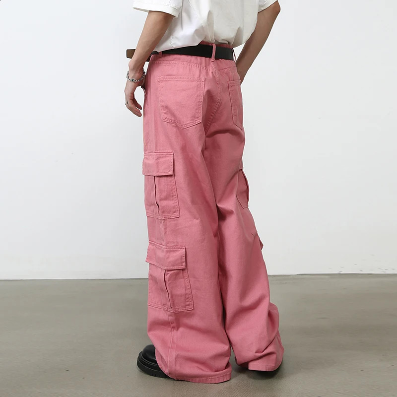 Hip Hop Street Clothing Product Pants Mens High Wide Leg Full Length Middle Waist Straight Multi Pocket Pink Trouser 240812