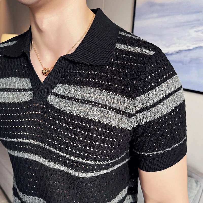 Mens slim fit Polo shirt jacquard knit short sleeve shirt T-shirt V-neck color-blocked Polo shirt 2024 high quality M-3XL. 240813