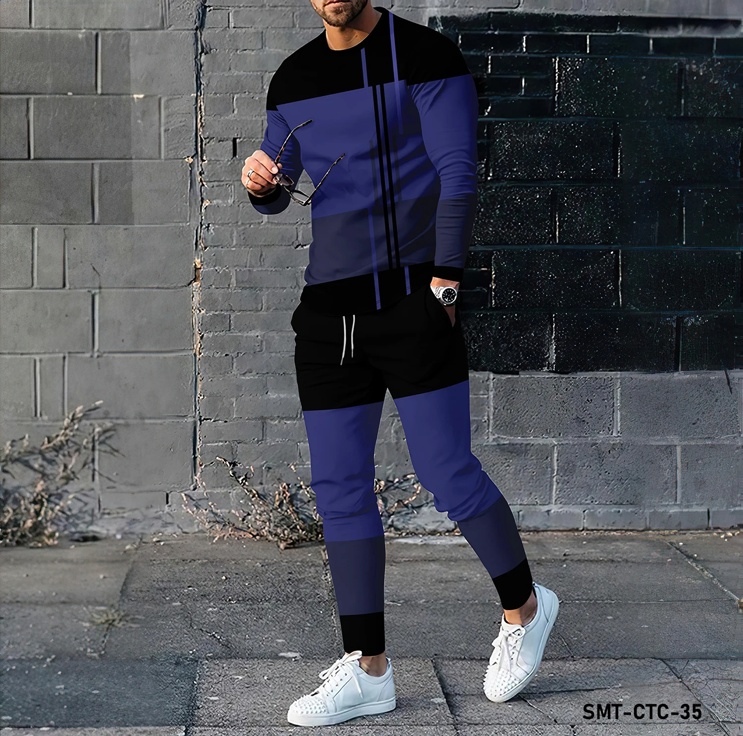 Stripe pattern 3D printing mens long sleeved T-shirt and pants set fashion clothing sportswear two-piece set 240813