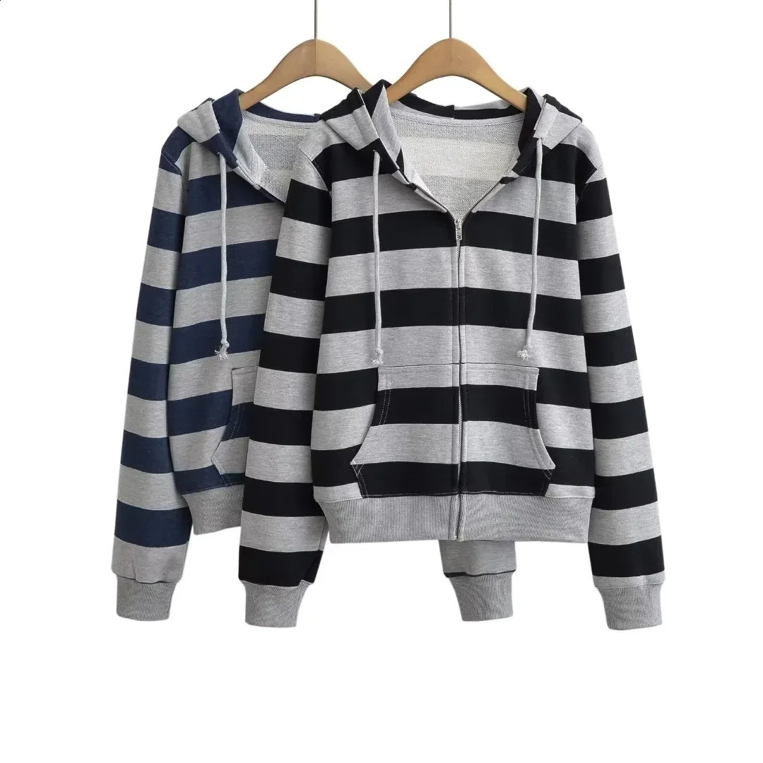 Women Long Sleeve Open Zipper Loose Hoodies Casual Sweats Black Navy Autumn Winter Harajuku Contrast Striped Hooded Sweatshirt 240812