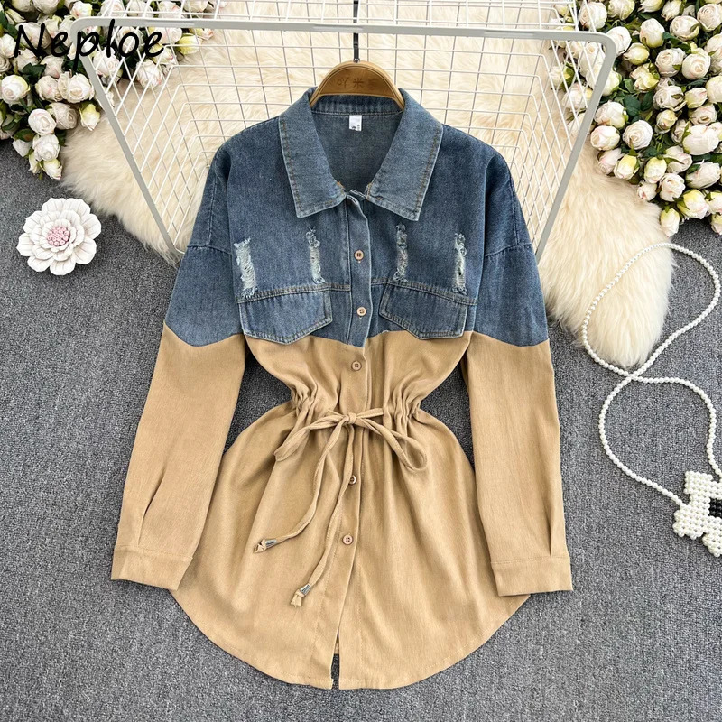Neploe Turn Down Collar Contrast Color Denim Patchwork Blouse Single-breasted Drawstring Blusa Korean 2024 Loose Casual Shirt 240812