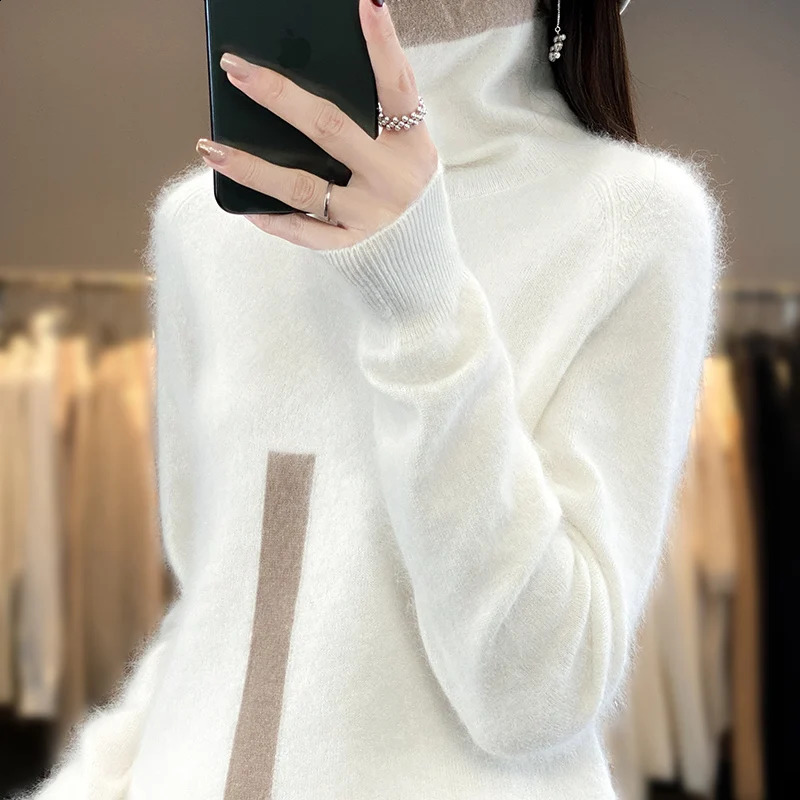 100% Mink Fleece Sweater Womens Stand Up Collar Colored Top Pullover Spring And Autumn Korean Fashion Tight And Warm Fit 240812