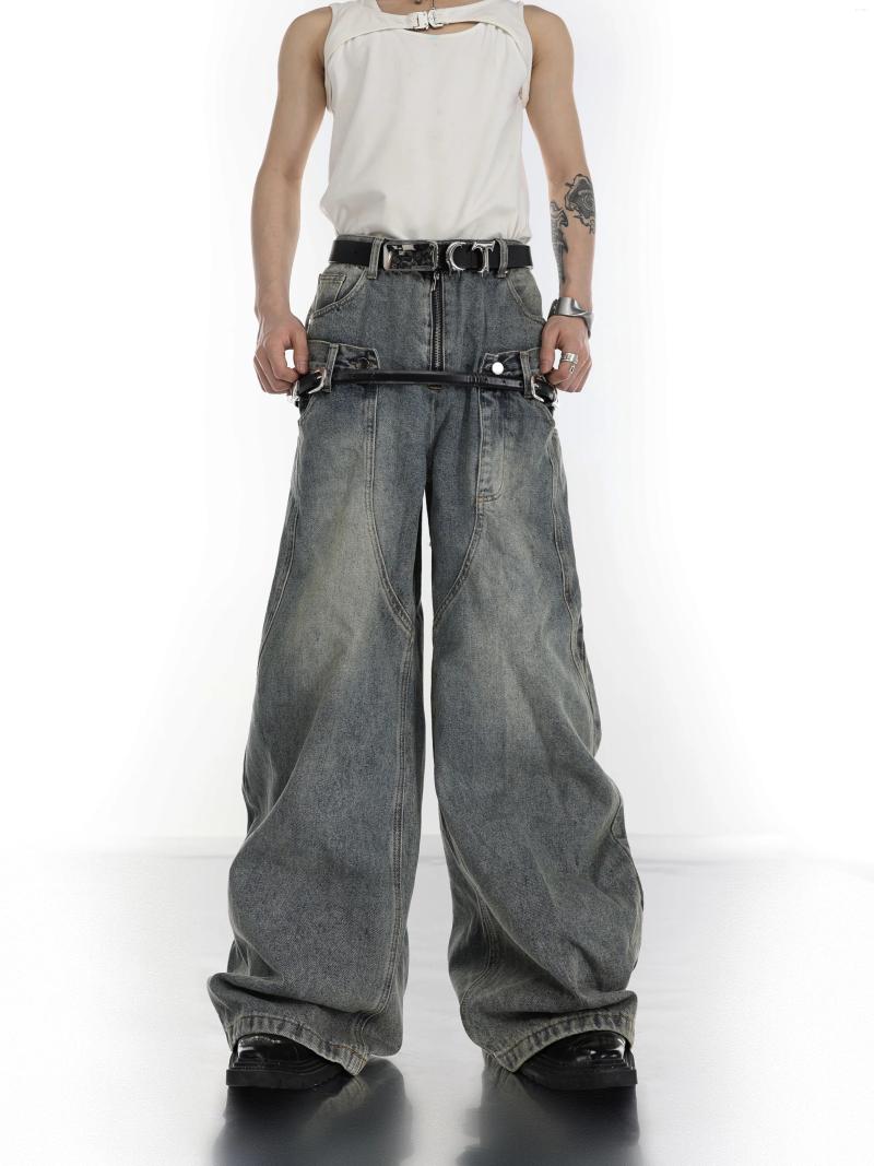 Men's Pants Avant-Garde Style Y2k Niche Vintage Washed Double Belt Jeans Loose Wide Leg Straight High Waist Trousers Bell-Bottom B4