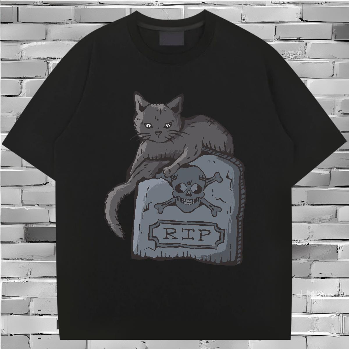 Popular T-Shirts for Men cat Short Sleeve Soft Home Outdoor Skull 230g Cotton Tshirt for Man Woman Fashion Design Clothings