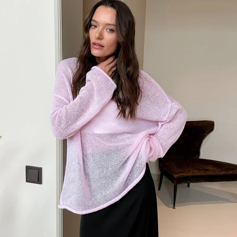 Elegant Knitted Hollow Floral Womens Loose Oneck Long Sleeve See Through Jumper Summer Y2k Fashion Beach Sweater 240812