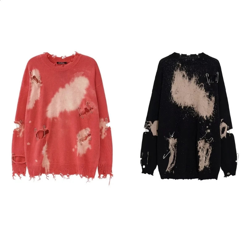 Men Women Harajuku Long Sleeve Tie-Dye Metal Pins Ripped Hole Knitwear Sweater L5YB 240812