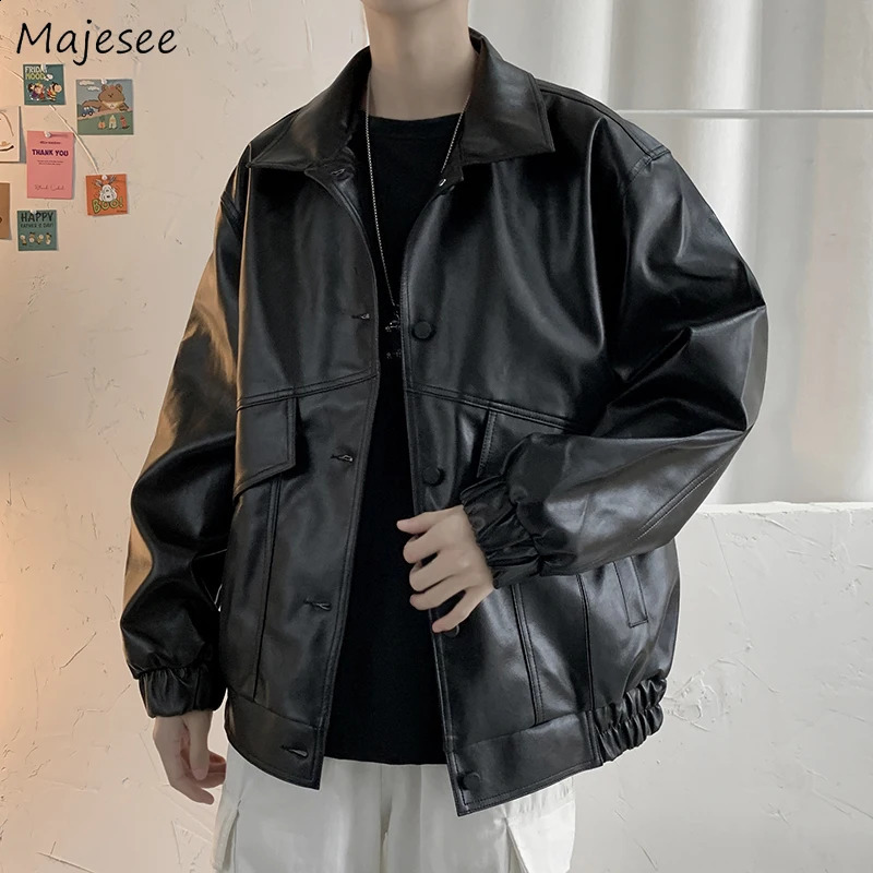 Jackets Men Pu Leather Retro Pockets Loose Korean Style Trendy Outwear Plus Size Cargo Tactical Daily Handsome All-match Clothes 240812