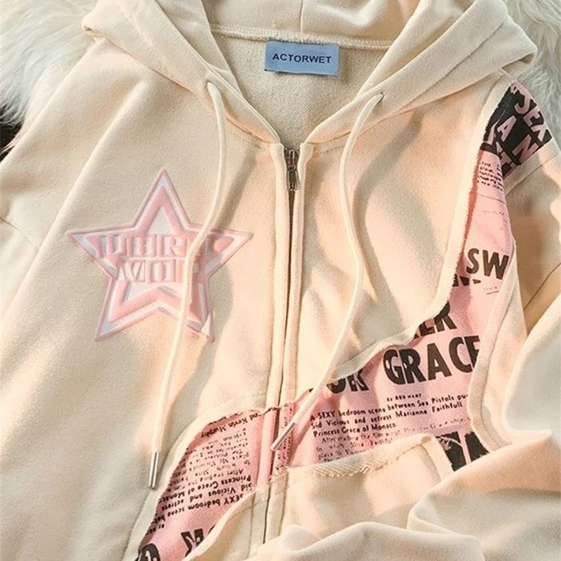 Deeptown Y2K Vintage Zip Up Hoodies Women Harajuku Hip Hop Letter Print Sweatshirts Gothic Streetwear Loose Patchwork Tops Coats 240812