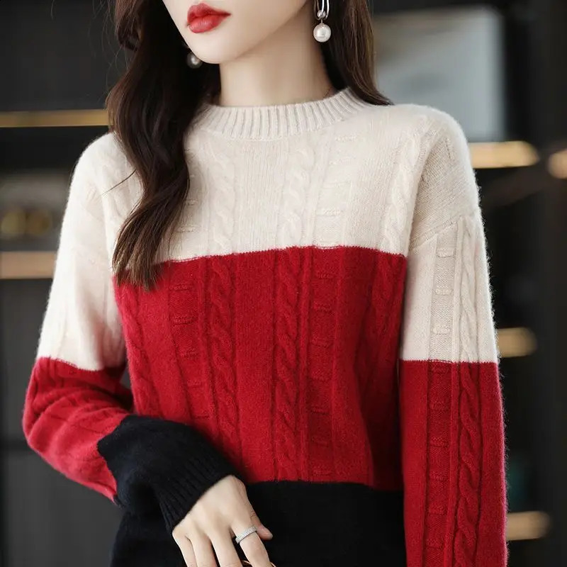 Winter Office Lady Patchwork Knitting Loose O-neck Long Sleeve Pullovers Ladies Fashion Screw Thread Thick Sweater Womens 240812