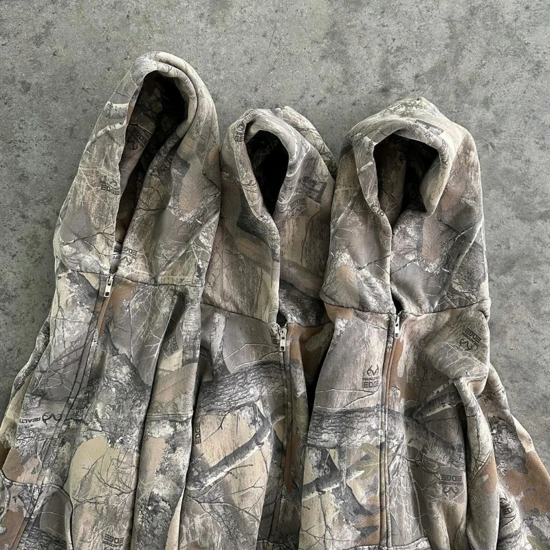 Y2K Retro zip up Hoodie Men Camouflage Pattern zipper Sweatshirt High Street Hip Hop Streetwear Oversized Unisex Camo y240826