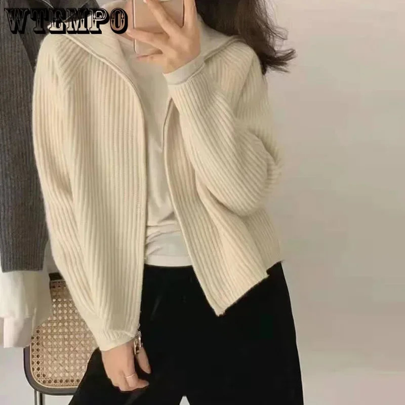Dark Grey Knit Cardigan Double End Zipper Short Top Turndown Collar Coat Women Slim Warm Korean Fashion American Spring Fall 240820