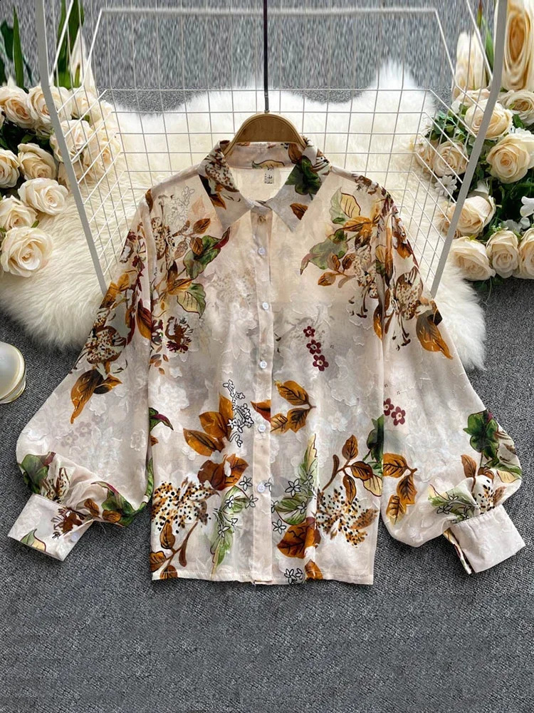 Spring Autumn Temperament Fashion Retro Chiffon Floral Blouses Print Loose Lapel Puff Sleeve Top Button Up Shirt Female GD611 240813