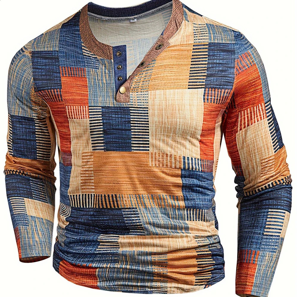 Patchwork Denim Vintage T-Shirt For Men Patchwork Grid Graphic T Shirts 3D Printing Long Sleeve Tee Oversized Man Clothing Tops 240812
