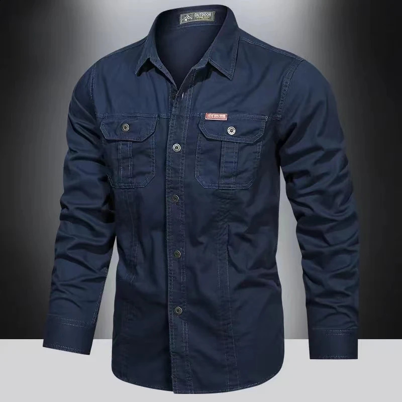 Spring 100% cotton mens long sleeved casual highquality multi pocket military top 240812