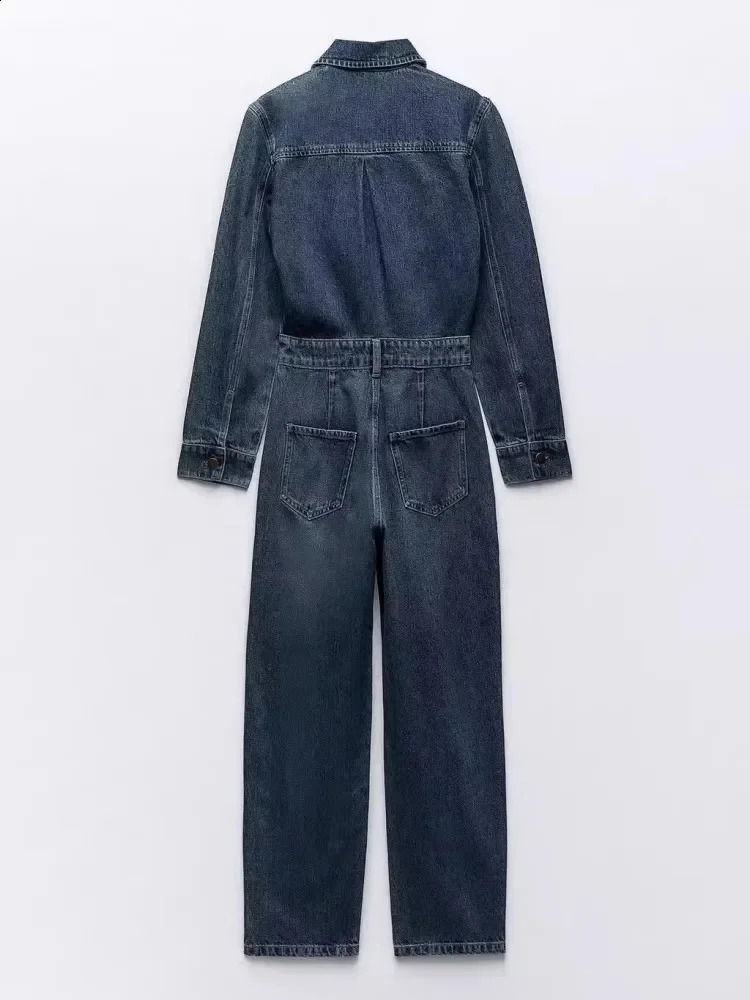 Womens Blue Lapel Long-Sleeved Jumpsuit with Stylish Front Pocket Embellishment Straight Leg Long Denim Jumpsuit 240813