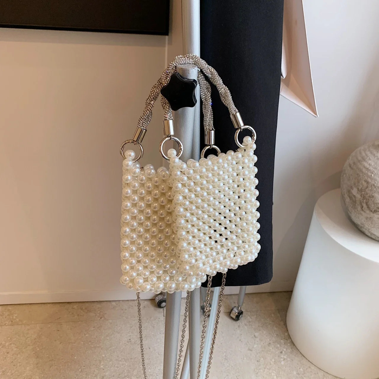 Handle s Evening Clutch Bag Silver Party Wedding Purse Pearl Handbag 2024 Summer Handmade Beading Crossbody Phone 240812