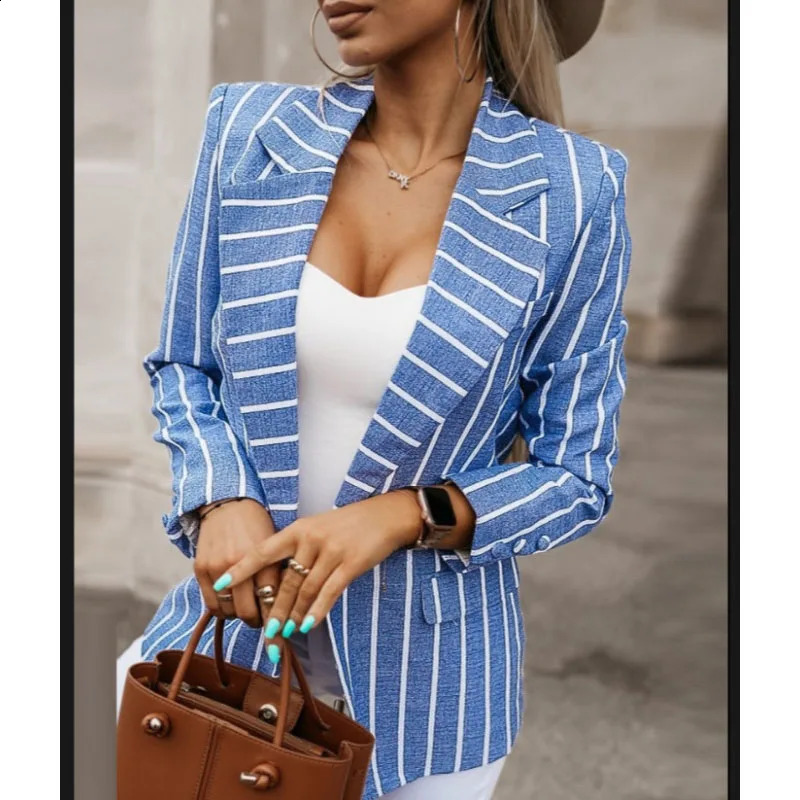 Autumn Fashion Stripe Suit Collar Panel Long Sleeve Temperament Commuting Slim Fit Small Suit Womens Casual Coat 240812