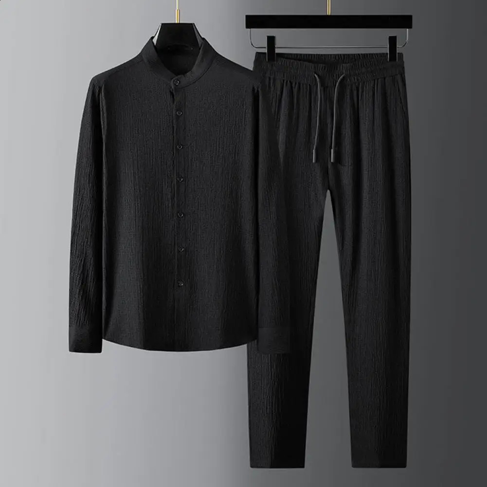 Two Piece Set Autumn Men Top Pants Pleated Solid Color Stand Collar Single Breasted Relaxed Fit Shirt Trousers Streetwear 240813